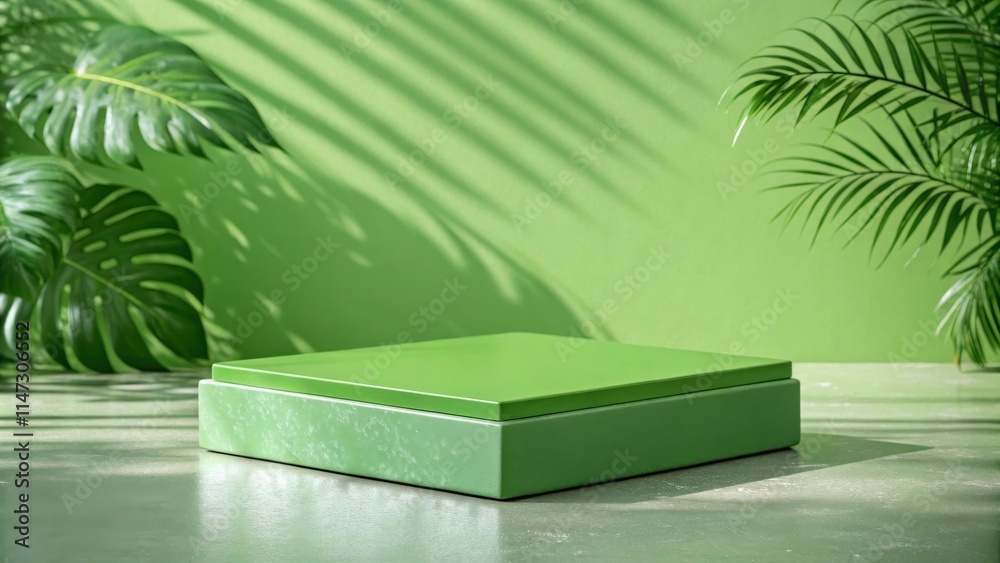 Poster a green textured platform with a smooth top surface, surrounded by lush tropical greenery, bathed in