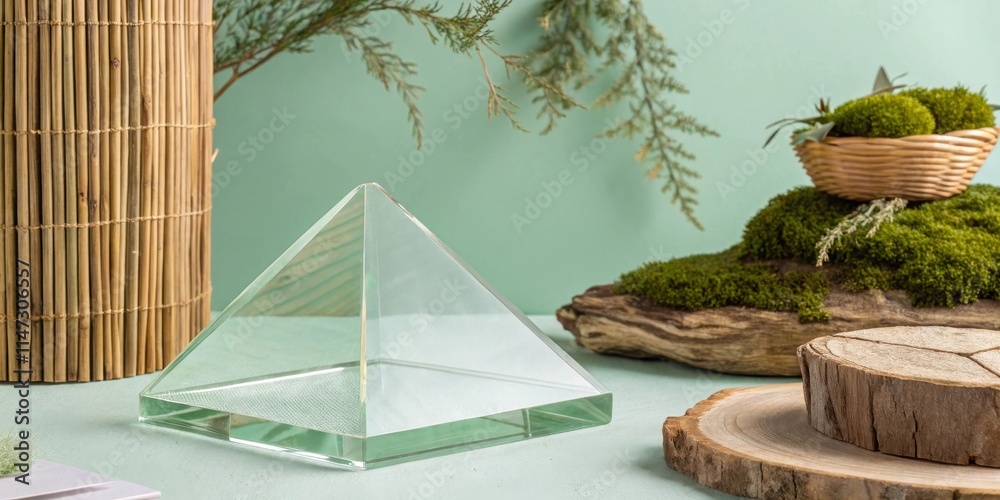 Poster a crystal pyramid sits on a light green surface, with a bamboo cylinder to its left and a wooden sli