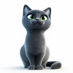 Shy 3D Russian Blue cat with green eyes sitting on a white background in an animated style