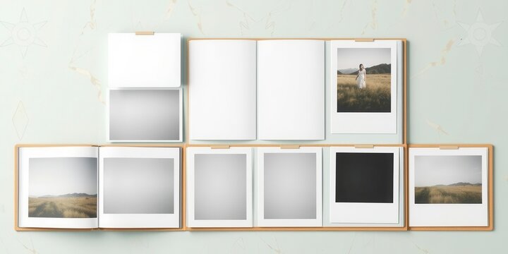 An open vertical photo album mockup featuring blank pages ready for customization, nostalgia, frame