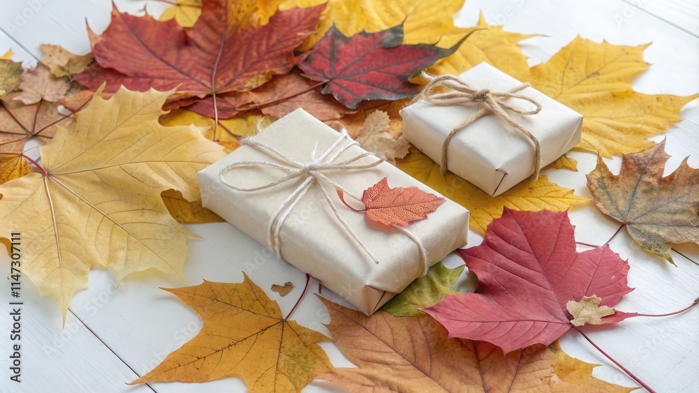 Aufkleber gifts wrapped in natural paper adorned with autumn leaves, a simple and rustic touch for a thoughtfu