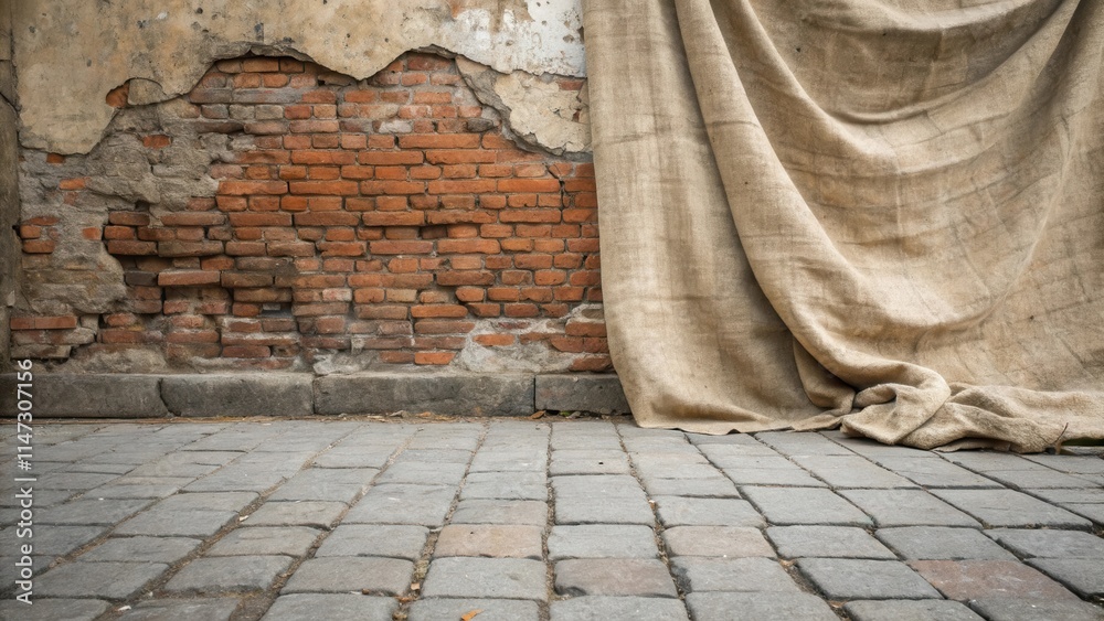 Poster a weathered brick wall with a burlap cloth draped over it, resting on a cobblestone path