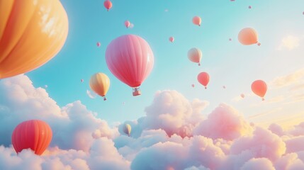 Colorful hot air balloons soar above fluffy clouds in a pastel sky.