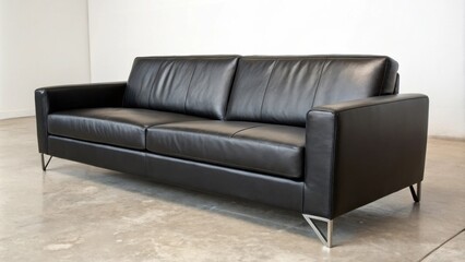 Elegant Black Leather Sofa with Sleek Silver Legs and Contemporary Design