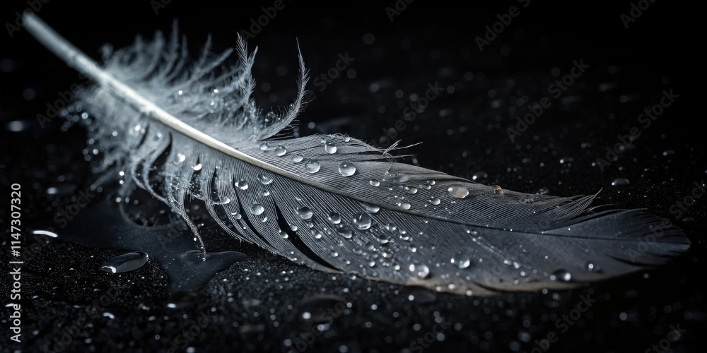 Poster a single, delicate feather lies on a black surface, glistening with water droplets, reflecting the s