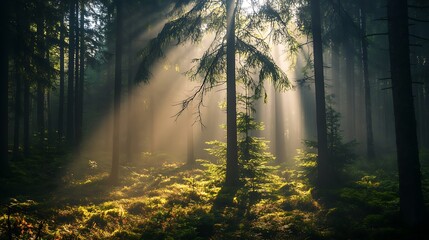 Naklejka premium Sunlight beams through a misty forest. Concept of nature, serenity, and tranquility.