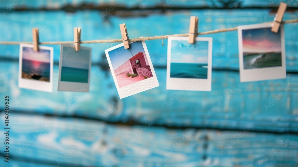 Poster Charming collection of polaroid pictures displayed on string with clothespins against a rustic blue wooden backdrop. Generative AI