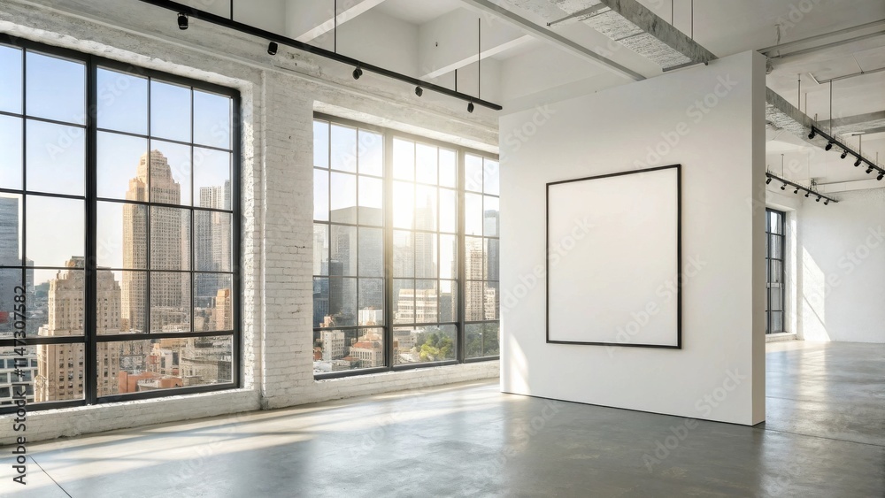 Poster A minimalist loft gallery space with large windows showcasing a city skyline, featuring a blank canvas ready for a captivating display.