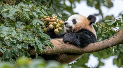 Obraz premium Adorable panda relaxed on a tree limb enjoying a cluster of fruits