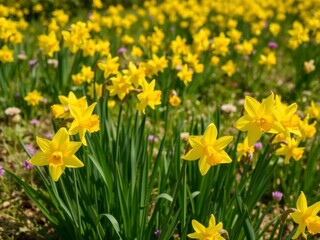 Obraz premium Beautiful daffodil flowers blooming in a sunlit field with lush greenery, daffodil, meadow