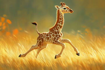 Fototapeta premium A baby giraffe awkwardly attempting its first steps, its long legs wobbling adorably