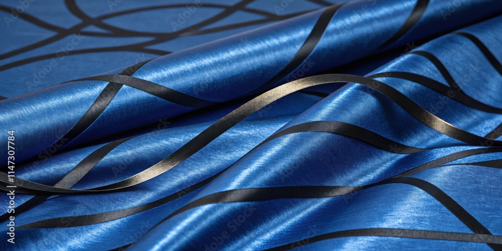 Poster Close-up of blue satin fabric with black ribbon stripes, creating a flowing and elegant texture.