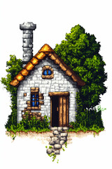 Rustic Stone Cottage, Green Foliage, Game Asset, Pixel Art, Fantasy Setting.