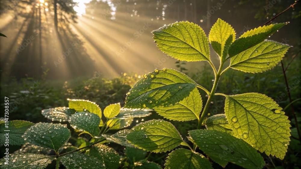 Poster Sunlight filtering through the forest canopy illuminates dew-laden leaves, creating a mesmerizing spectacle of nature's artistry.