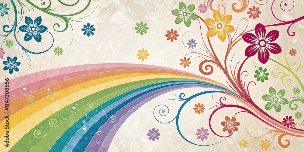 Aufkleber a whimsical rainbow arc soaring above a field of vibrant flowers and swirling vines, creating a harm