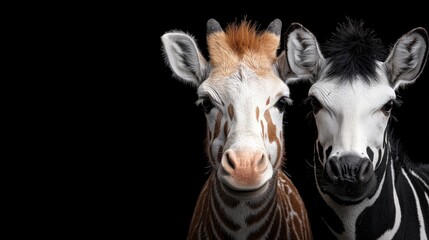 Giraffe and Zebra portrait against black background.