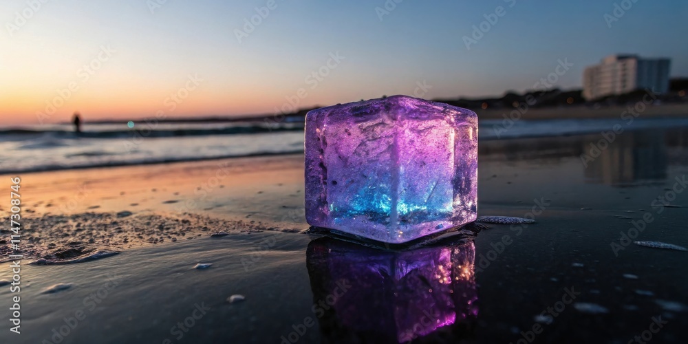 Poster A cube of ice, frosted and transparent, catches the last rays of sunset on the wet sand of a beach. The ice cube reflects the colors of the sky and the sand, creating a beautiful and surreal scene.