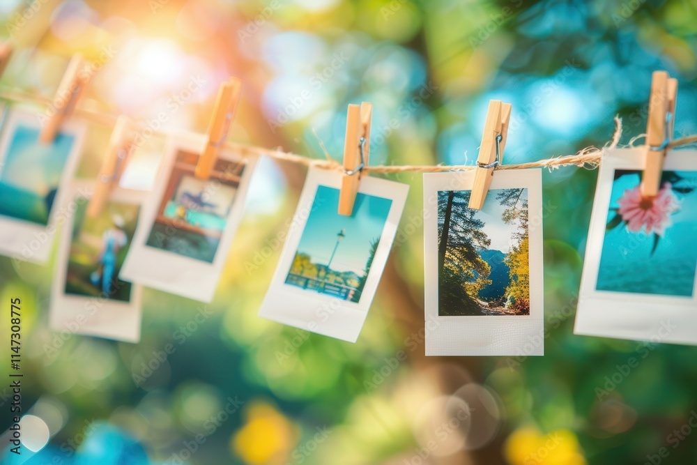 Poster polaroid photos beautifully displayed on a string with clothespins in a vibrant outdoor setting. gen
