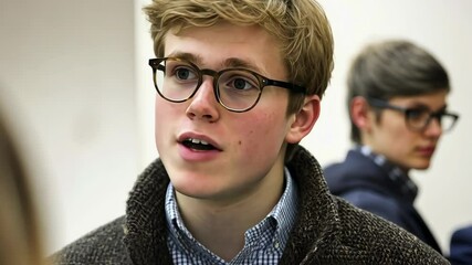 Young man engaged in conversation at an indoor event during evening hours in a casual setting