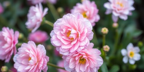 Close up of pink and white ranunculus flowers in full bloom against a soft blurred background, flowers, garden, pink