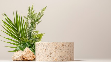 Beige stone podium with tropical leaves and rocks on light background.