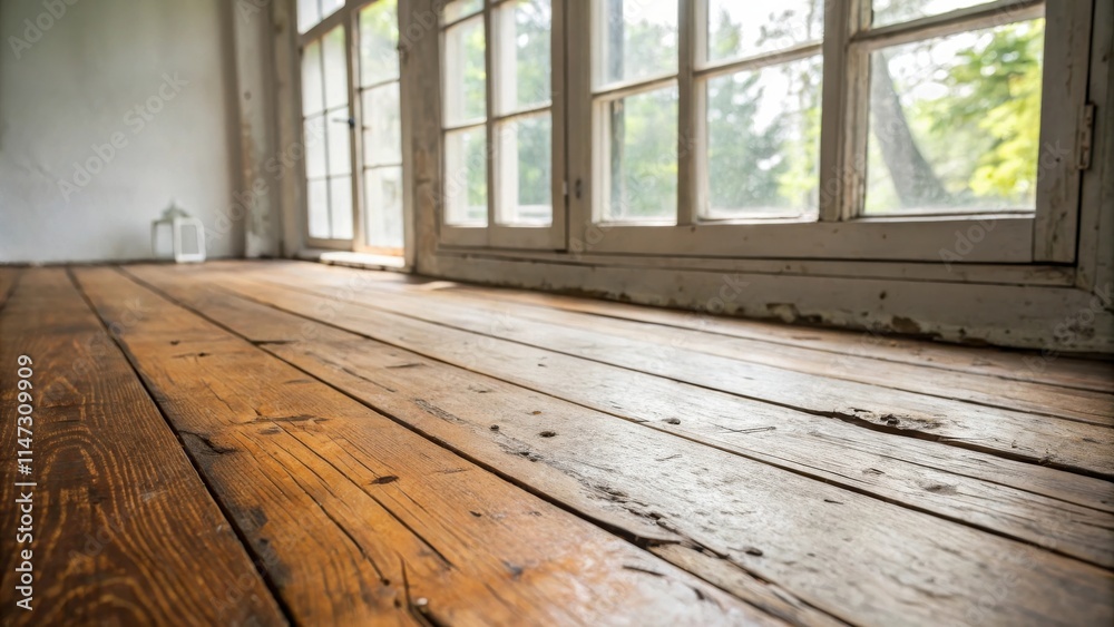 Aufkleber rustic wooden floorboards in a room with a window offering a glimpse of the outside world