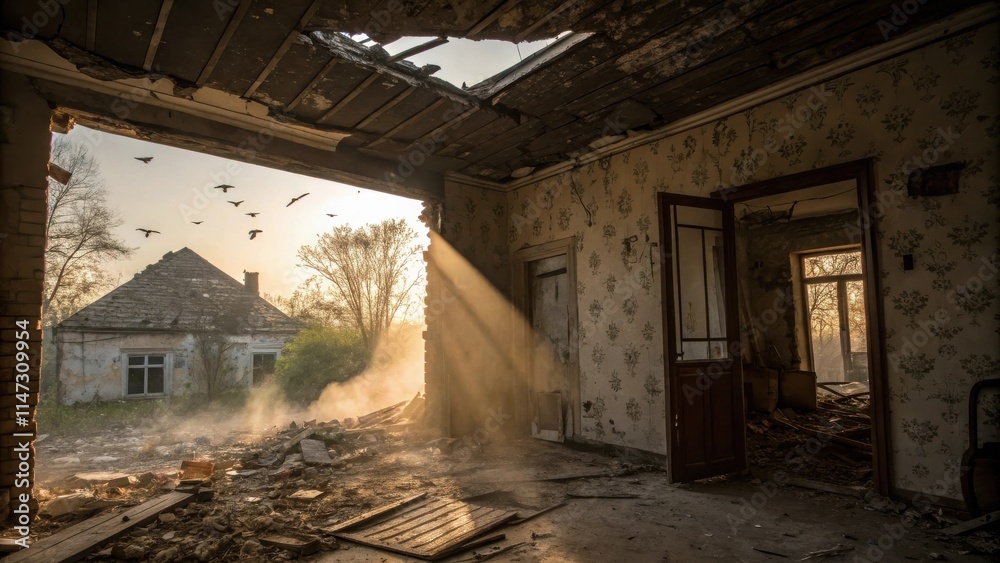 Poster a glimpse of hope through the wreckage of a destroyed home, bathed in the golden glow of the setting