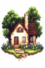 Charming stone cottage nestled in lush greenery, idyllic countryside scene, perfect for real estate or fairytale illustration.