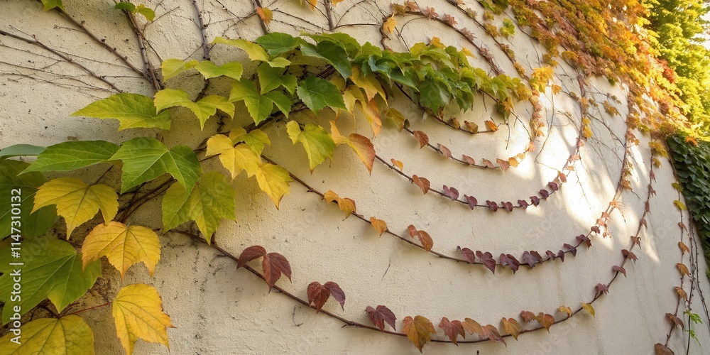 Poster a wall adorned with vibrant green leaves, transitioning into shades of yellow and brown, creating a 