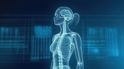 Translucent female human body, bone and nervous system graphics in holographic image