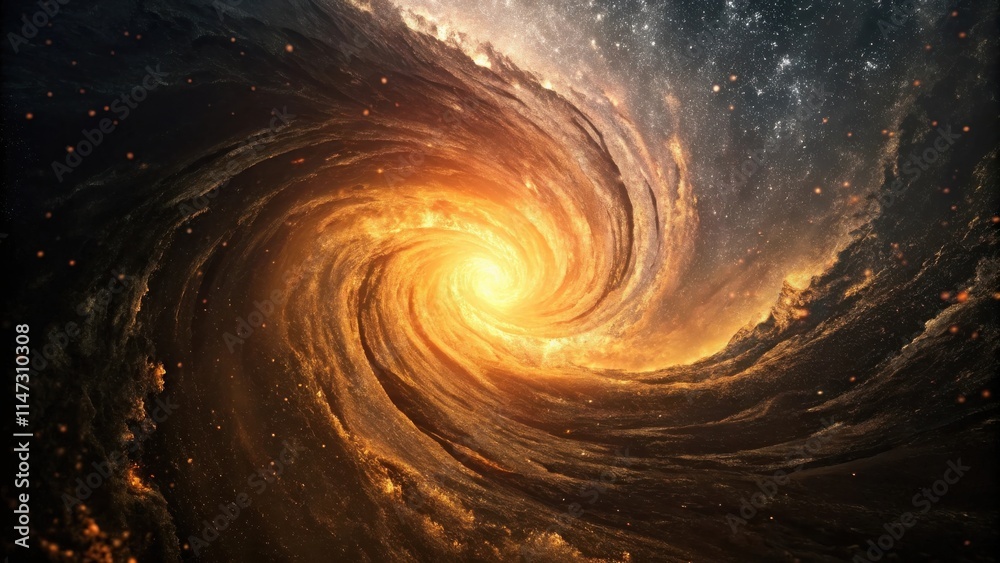 Poster a mesmerizing spiral galaxy with bright golden hues and a celestial swirl, evoking a sense of cosmic
