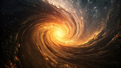 A mesmerizing spiral galaxy with bright golden hues and a celestial swirl, evoking a sense of cosmic wonder and the vastness of the universe.
