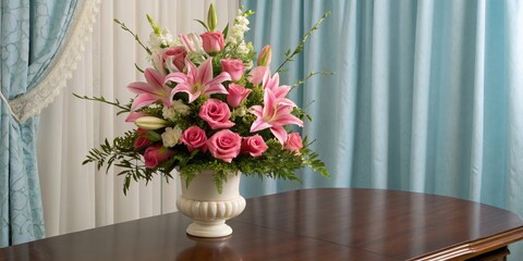 A Classic Vase Filled with Pink Roses and Lilies on a Wooden Table, Creating a Stunning Floral Display