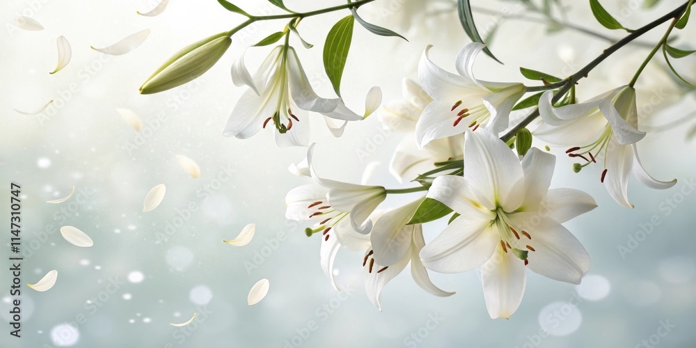Poster Delicate White Lilies with Falling Petals Against a Soft Bokeh Background