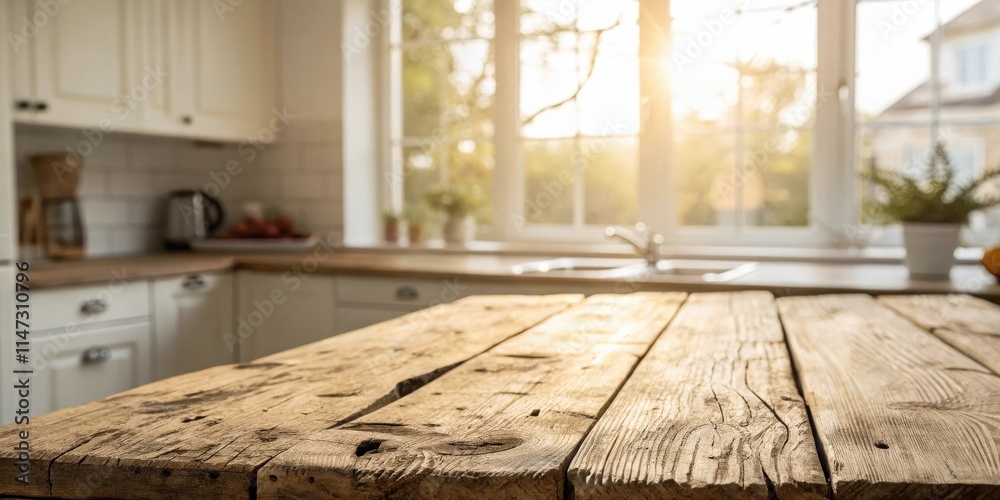 Poster rustic wooden table with a warm, natural light filtering through a window in a cozy kitchen