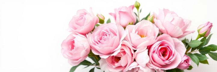 Fototapeta premium Fresh bunch of pink peonies and roses with copy space on white background, fresh, pink, flora