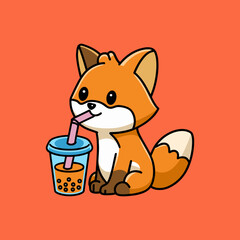 Cute Fox Drinking Bubble Tea Illustration