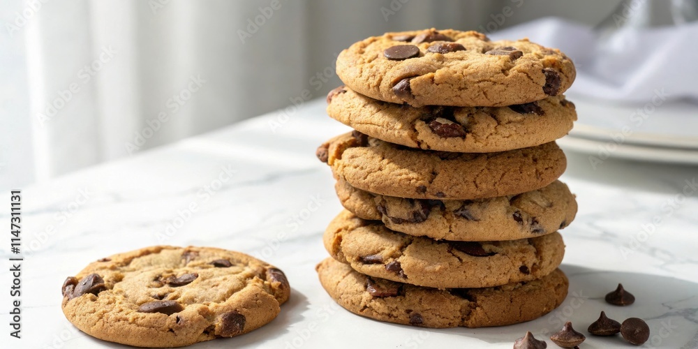 Poster a stack of freshly baked chocolate chip cookies with a single cookie off to the side, resting on a m