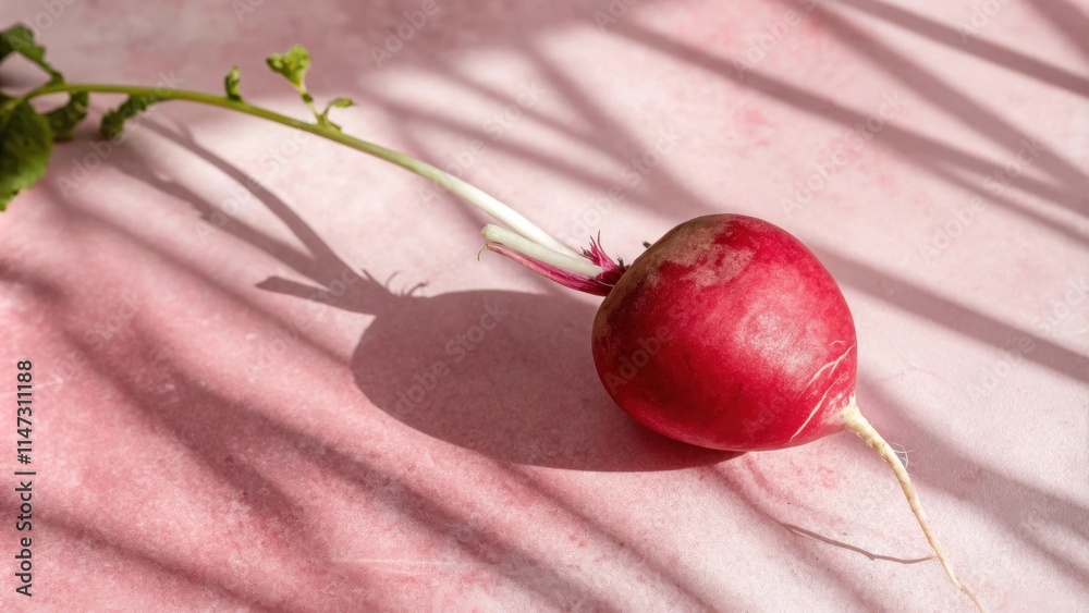 Poster a single red radish with green leaves and a long white root lies on a light pink background with sof