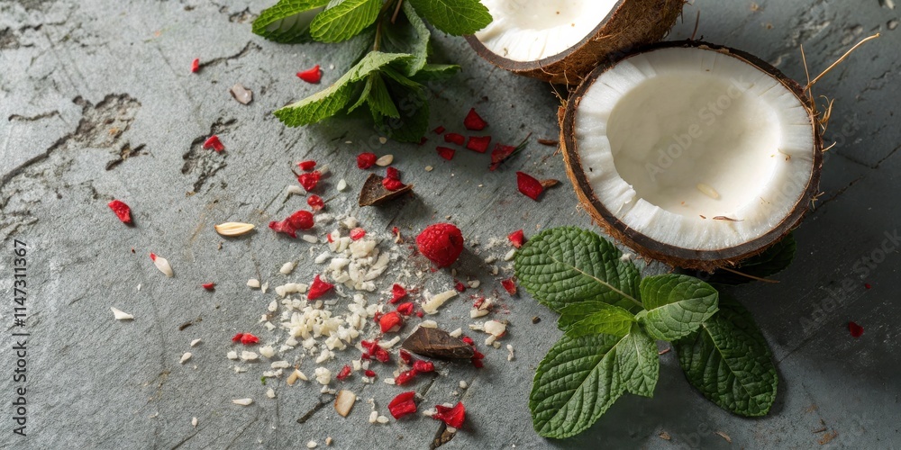 Poster a half of a coconut with fresh mint and red fruit pieces scattered around it on a grey textured back