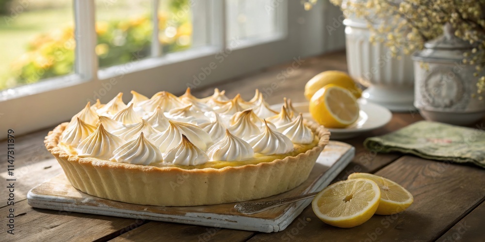 Poster a rustic table setting with a delectable lemon meringue pie, accompanied by freshly sliced lemons