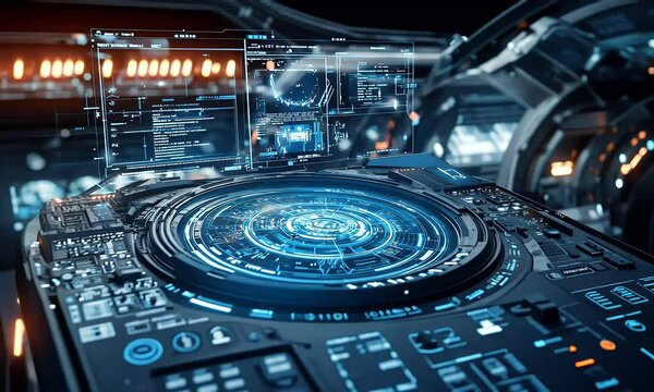 Futuristic control interface with holographic displays and intricate technology.