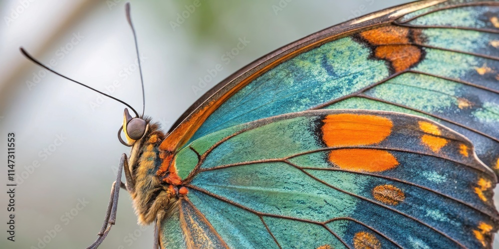 Poster a close-up view of a butterfly's wing, revealing intricate details and a mesmerizing blend of vibran