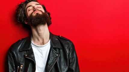 Obraz premium Young man with beard in leather jacket against red background