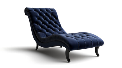A blue velvet chaise lounge is sitting on a white background