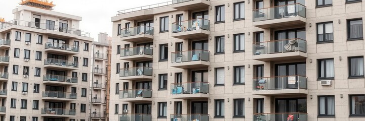 Fototapeta premium Modern apartment building with blueprint sketches, balconies, modern, blueprint rolls