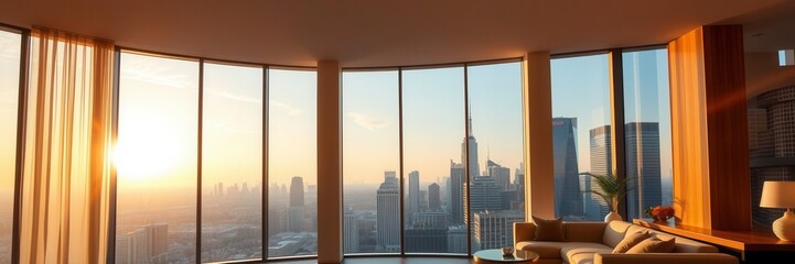 Naklejka premium Modern apartment with floor-to-ceiling windows in a high-rise condo building overlooking the city skyline, downtown, highlighted, contemporary