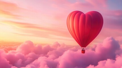 Obraz premium A vibrant heart-shaped hot air balloon floats above fluffy clouds during a colorful sunset, creating a romantic and dreamy atmosphere.