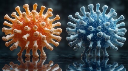 3D Render of Coronavirus Cells in Blue and Orange. Generative AI