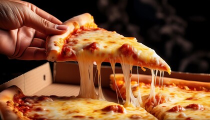 Hand lifts pizza slice, melting cheese, close-up, detail, gooey, topping, pizza box.